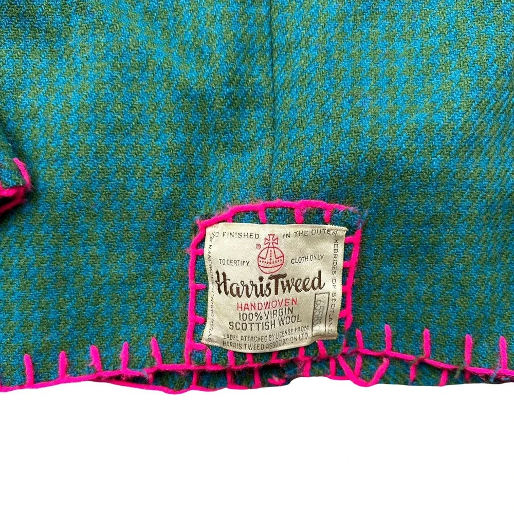 Harris Tweed Trench Coat Size 5 Green Pink Thrift Flip Virgin Wool Front Button